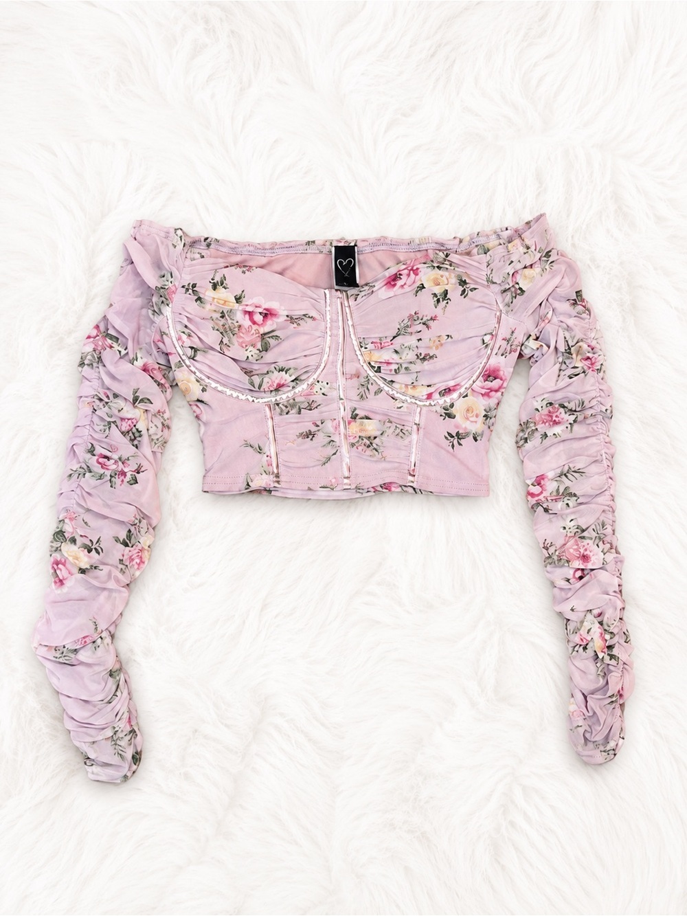 Windsor Floral Mesh Corset Crop Top Small Pink Off Shoulder Ruched Y2K Fairycore